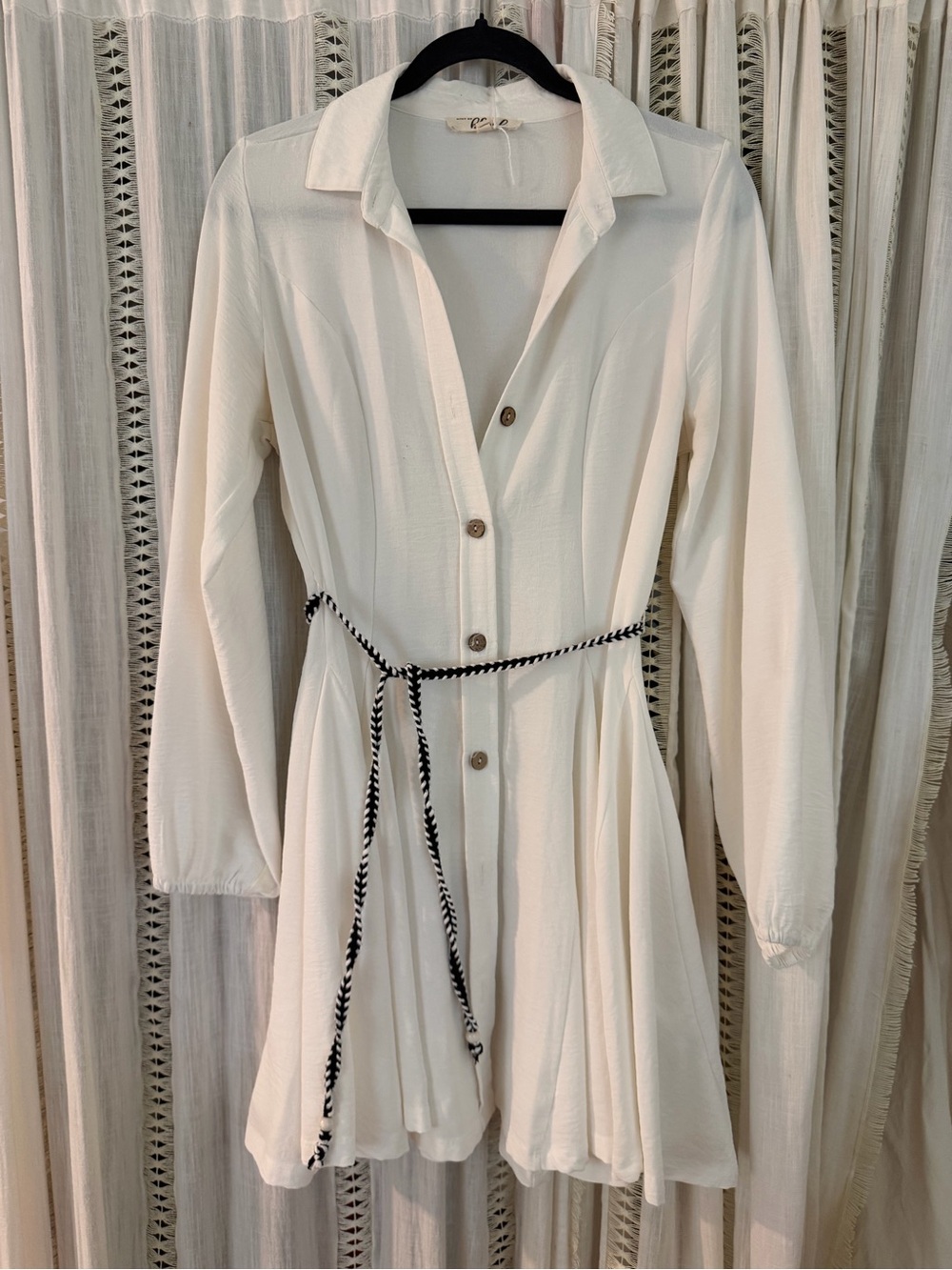 Blush Cream Long-Sleeve Button-Front Shirt Dress with Contrast Rope Belt